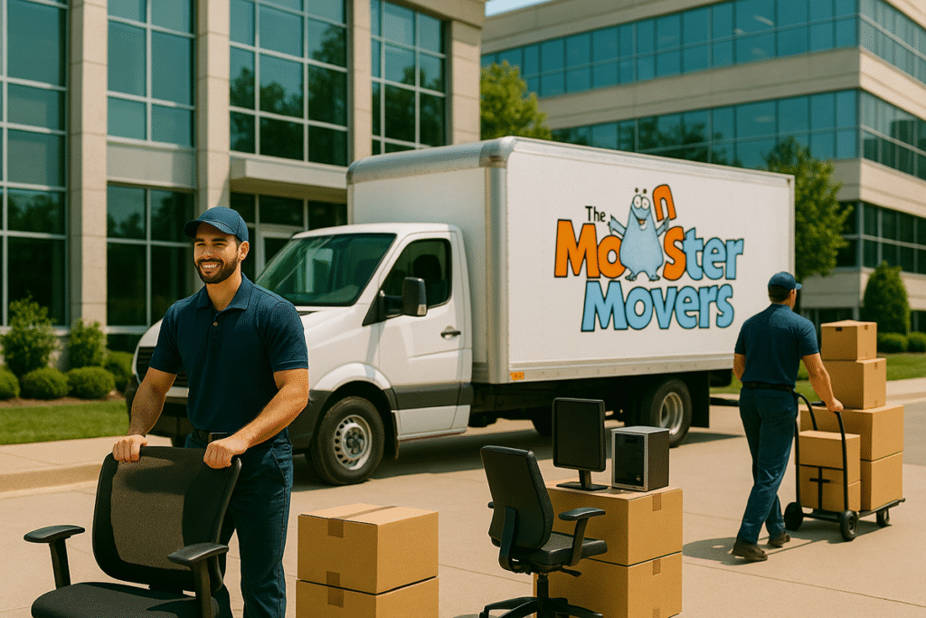 Commercial moving. workers unload boxes at office