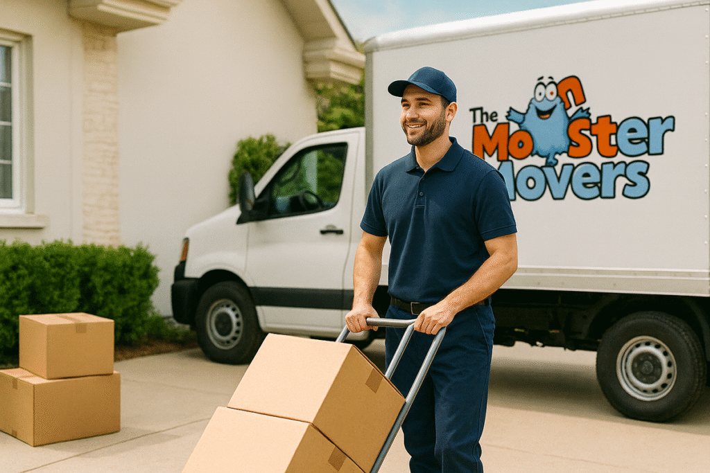 The monster movers moving truck and employee with boxes