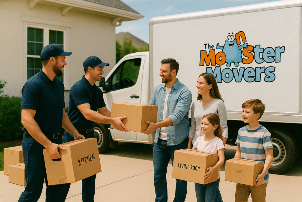 Residential Moving truck with family and the monster movers